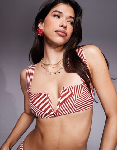 ASOS DESIGN Florence spliced stripe print in white & red v-wire bikini top