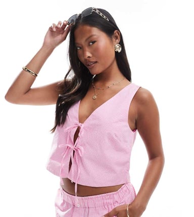 ONLY Petite tie front top co-ord in pink gingham