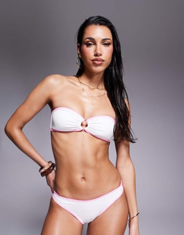 Boux Avenue Rhodes bandeau bikini top with pink whipstitch in white