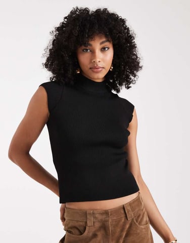 ASOS DESIGN knitted neat fit top with cap sleeve in black