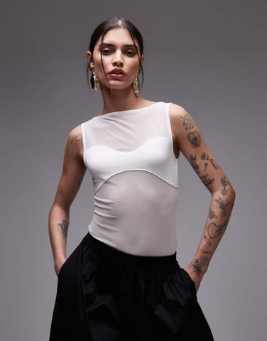 ASOS DESIGN mesh panel fabric mix body in ecru
