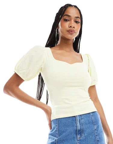 ASOS DESIGN poplin mix puff sleeve sweetheart top in buttermilk yellow
