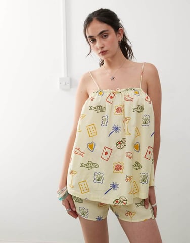 Reclaimed Vintage beach smock trapeze top in yellow postcard print