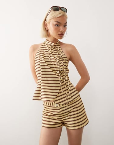 Reclaimed Vintage festival tie side waistcoat in butter yellow and chocolate stripes