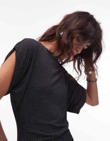 ASOS DESIGN polka dot slash neck batwing top in black