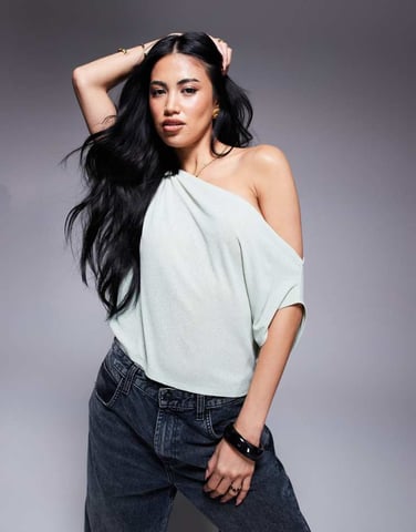 ASOS DESIGN semi sheer relaxed one shoulder top in green