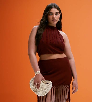 ASOS DESIGN Curve co-ord fringed halter neck top in rust