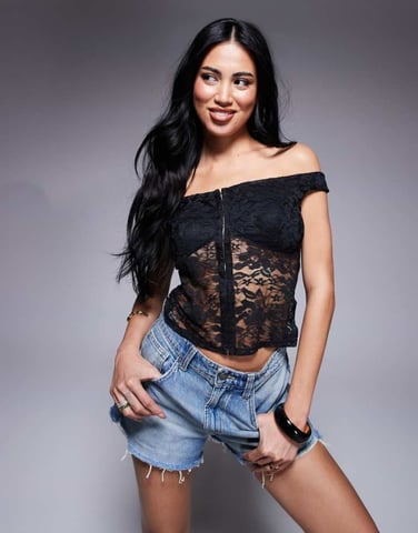 ASOS DESIGN off shoulder lace top with hook and eye detail in black