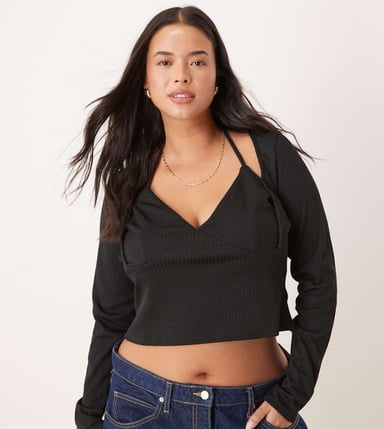 ASOS DESIGN Curve rib halter neck long sleeve top in black