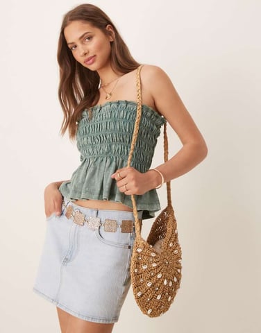 ASOS DESIGN shirred bandeau top with broderie trim Iin washed khaki