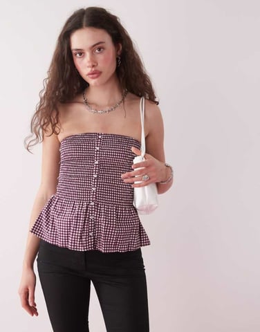 Motel soter button through gingham bandeau top in wine