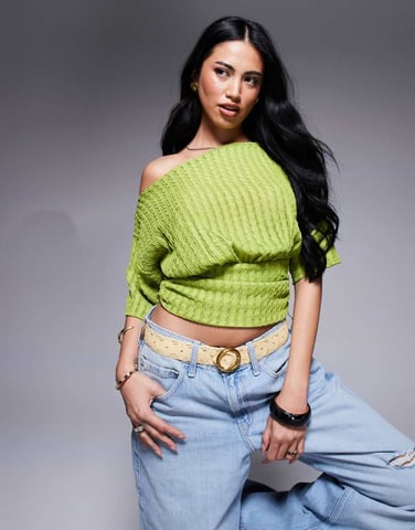 ASOS DESIGN asymmetric one shoulder short sleeve texture top with cinch waist detail in green