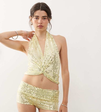 COLLUSION festival sequin cross over halter top in yellow co-ord