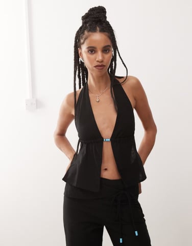 Motel syrma bead detail linen halter top in black