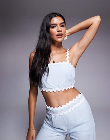 Missyempire cotton scallop edge square neck top co-ord in baby blue