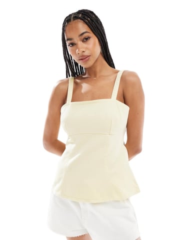 ASOS DESIGN denim strappy peplum top in buttermilk yellow