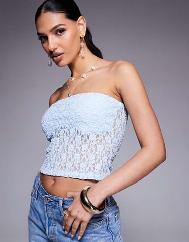 ASOS DESIGN sculpted lace bandeau top in light blue