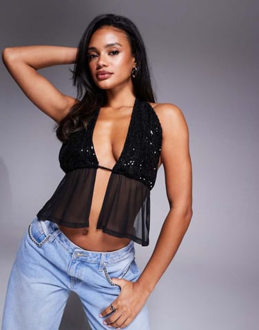 ASOS DESIGN sequin mesh mix halter top in black