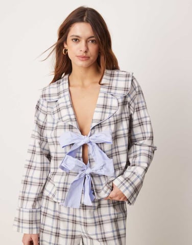 ASOS DESIGN tie front pyjama top in blue brushed check co ord