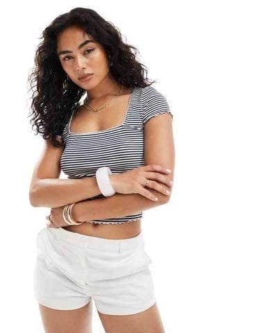 Miss Selfridge stripe lace trim rib short sleeve top