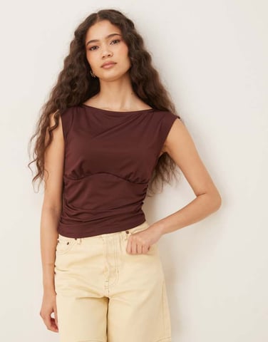 ASOS DESIGN boat neck under bust seam detail top in chocolate