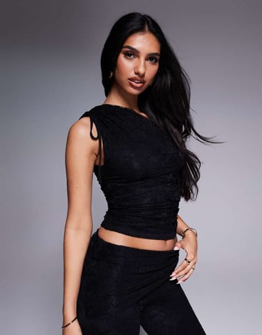 Kaiia exclusive double layered slinky gathered one shoulder lace top co-ord in black