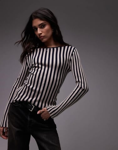 Topshop knitted slash neck stripe top in mono