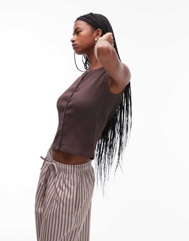 Topshop jersey button through crew neck top in chocolate brown