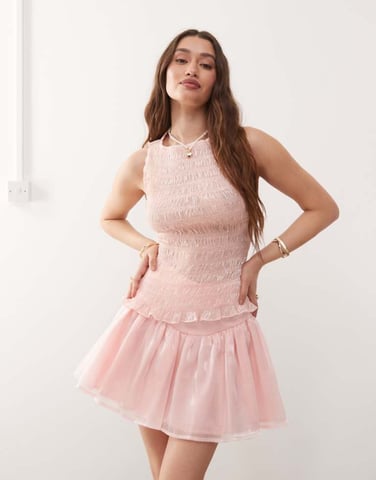 Amy Lynn Sonya shirred top co-ord in pink metallic mesh