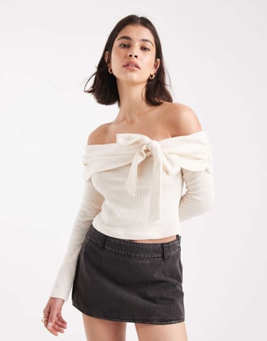 Miss Selfridge ribbed bardot with bow detail in cream