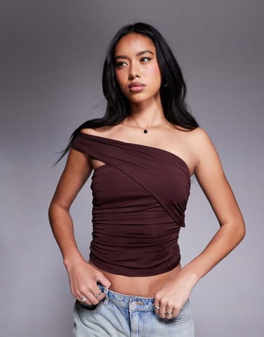 ASOS DESIGN ruched one shoulder top in brown