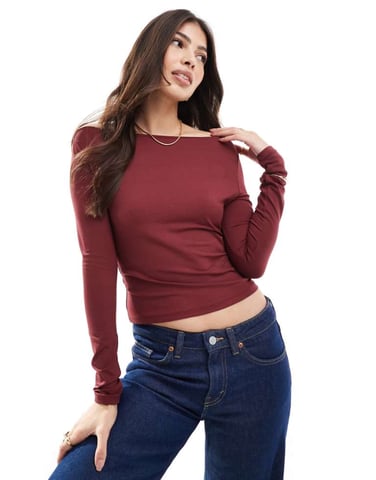 ASOS DESIGN slinky slash neck top in oxblood