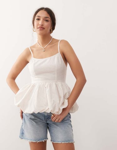 Miss Selfridge puff ball corset top in beige stripe