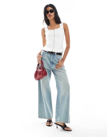 ASOS DESGIN denim zip through square neck top in ecru