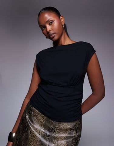 ASOS DESIGN slinky wide shoulder cinched waist top in black