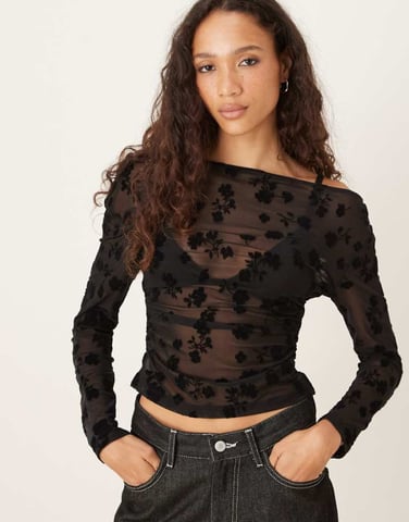 ASOS DESIGN flocked asymmetric cinched top in black