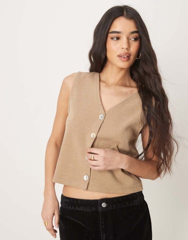 ASOS DESIGN loose fit v neck button through top with pearlised buttons in oatmeal