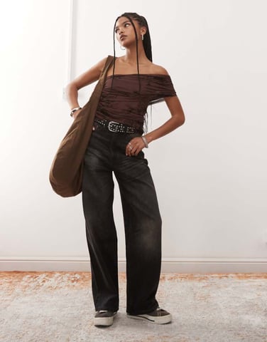 COLLUSION mesh flocked top in brown