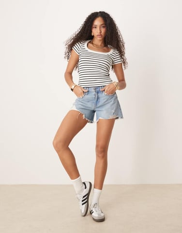 Gina Tricot scoop neck slim fit short sleeve rib top in black and white stripe
