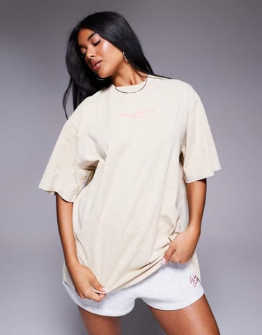 Weekend Collective oversized t-shirt with graphic front logo in washed stone and pink