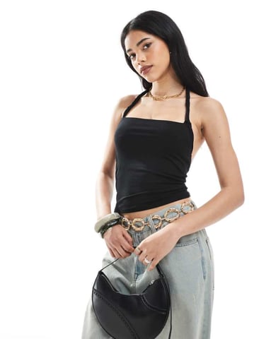 ASOS DESIGN twist halter top in black