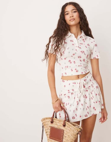 ASOS DESIGN button polo tee co-ord in ditsy floral