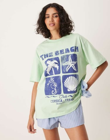 ASOS DESIGN oversized t-shirt with beach graphic in sage green