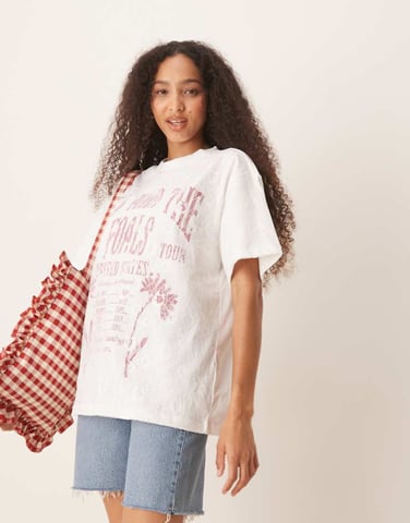 ASOS DESIGN oversized t-shirt with band graphic with lace overlay in white