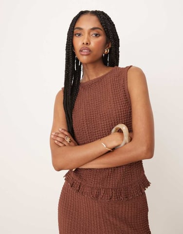ASOS DESIGN textured boxy frill hem slash neck top co ord in brown