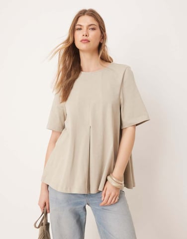 ASOS DESIGN pleat front trapeze t-shirt in light khaki
