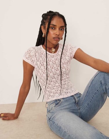 ASOS DESIGN lace short sleeve baby tee in pink