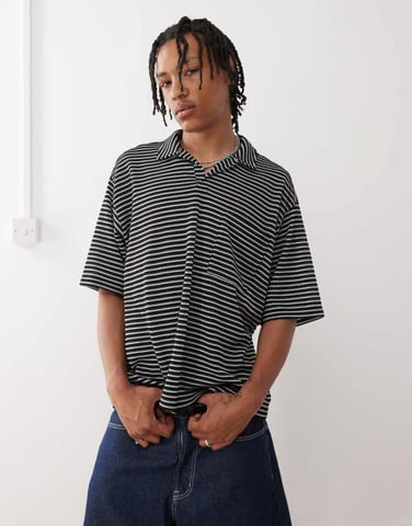 Reclaimed Vintage textured jersey striped short sleeve resort polo top in black