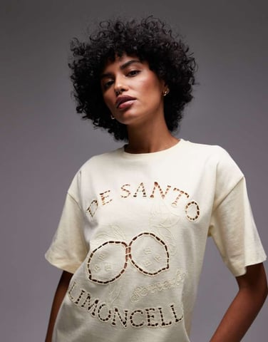 Topshop cutwork limoncello oversized tee in buttermilk