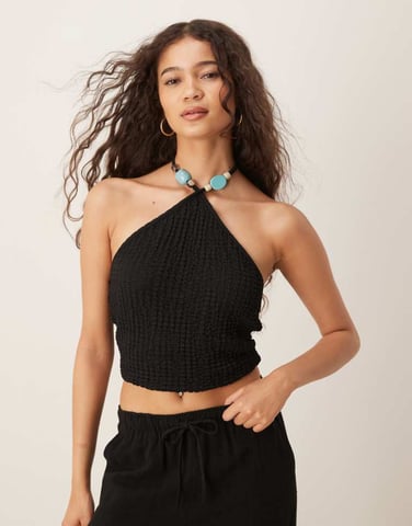 ASOS DESIGN textured halter with bead detail in black